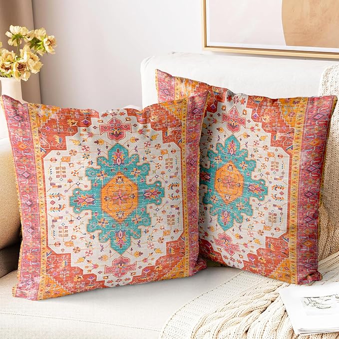 Boho Throw Pillow Covers 20x20 Inch Set of 2,Soft Pillowcases Bohemia Carpet Printing Pattern Decorative Sofa Living Room Bed Square Pillow Case Cushion Cover-Reddish Orange
