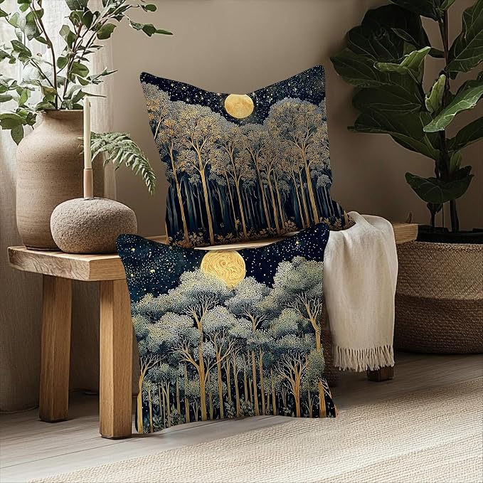 Rustic William Morris Night Forest Green Moon Decor Pillow Covers 18x18 Set of 2,Vintage Botanical Nature Landscape Decorative Throw Pillow Covers for Home Bedroom Living Room