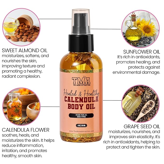 The Mane Attraction TMA Calendula Body Oil 4oz – Organic Calendula Infused Oil with Sunflower Almond Grapeseed & Jojoba – Soothing Body Oil for Sensitive Skin Redness Dryness and Discoloration