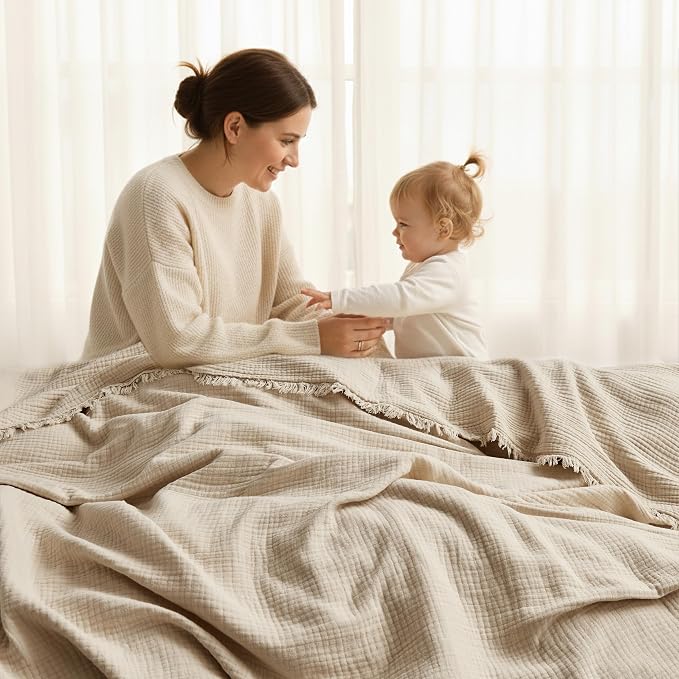 WDCOZY 100% Cotton Muslin Blanket Queen Size 4-Layer for Bed Breathable Lightweight Soft Large Boho Farmhouse Linen Tassels Ruffle Gauze Blankets All Season for Adults 90x90 Inches Beige Tan Neutral