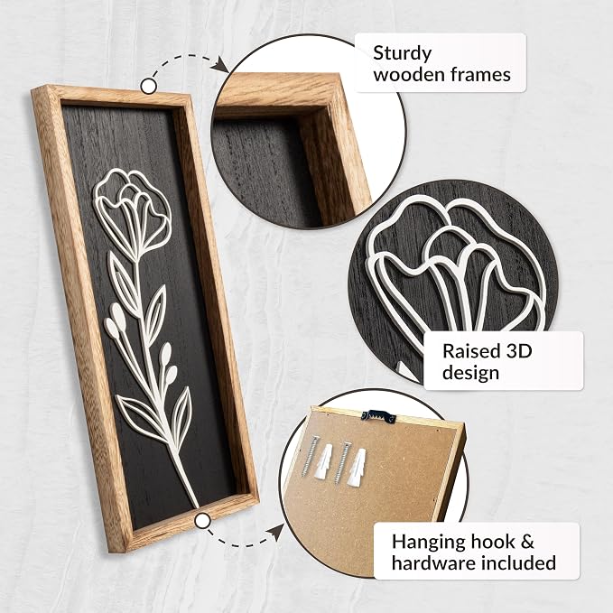 3D Vintage Black Living Room Decor (Set of 2) Lightweight, Wooden Ready-to-Hang Framed Moody Floral Wall Art for Bathroom, Bedroom or Office - Dark Textured Boho Farmhouse Wall Decor - Gift-Boxed