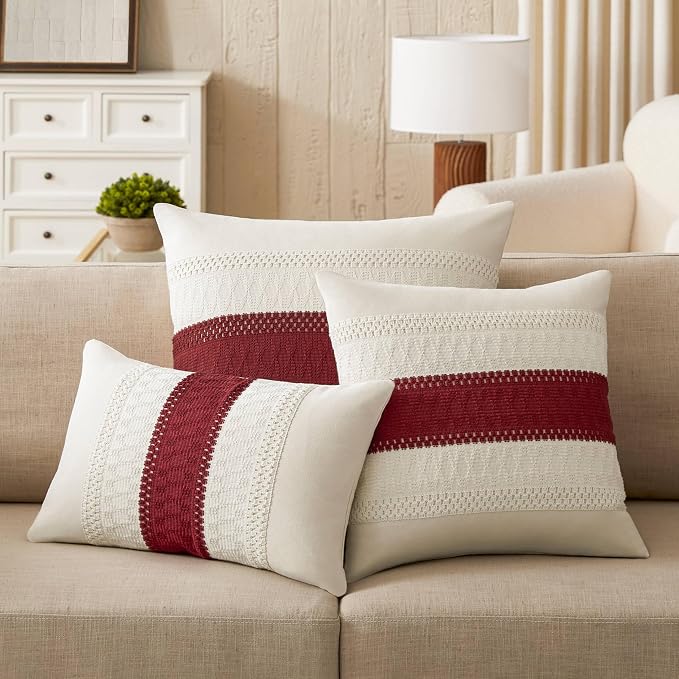 2 Pack Boho Throw Pillow Covers, Contrast Red 24x24in | Soft Breathable Cotton, Farmhouse Decorative Couch Pillow Cases, Cushion Covers for Sofa Bed Living Room Home Decor
