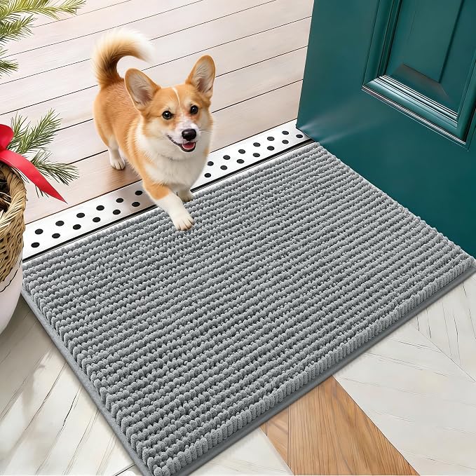 OLANLY Dog Door Mat for Muddy Paws 24x16, Extra Absorbent Chenille Mud Mat | Grey, Absorbs Moisture and Dirt, Non-Slip Machine Washable Doormat, Quick-Drying Indoor Entryway Floor Mat for Dogs