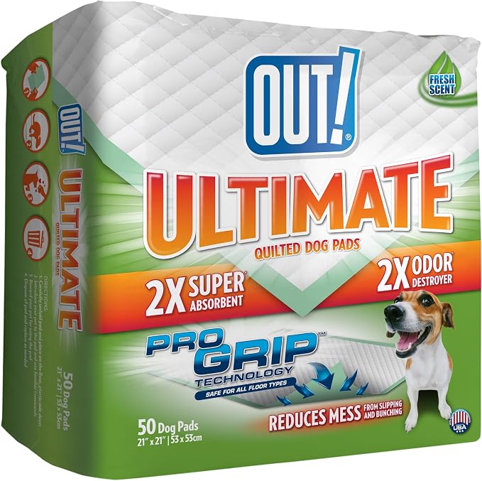 OUT! PetCare Large Dog Pee Pads, Leak Proof Training Pads, 21x21, 50 Count | Doggy Pee Pads, Leak Proof, Odor Control, Extra Absorbent, Potty Training, Housebreaking, Crate Training, Travel Use