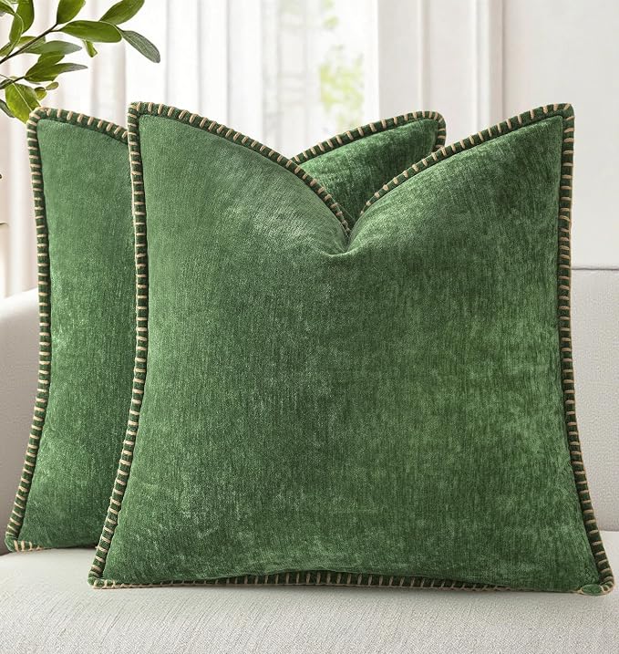 decorUhome Soft Chenille Throw Pillow Covers 22x22 Set of 2 Forest Green | Fall Textured Decorative Throw Pillow Cases Stitched Edge Modern Farmhouse Luxury Boho Velvet for Couch Sofa Bed Home Decor