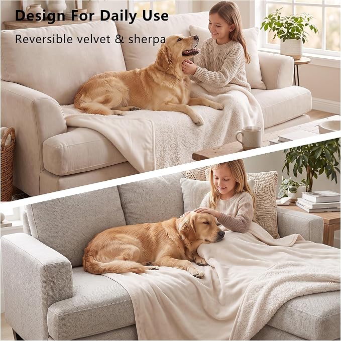 Waterproof Blanket for Dogs - Pet Throw as Furniture Protector | Cozy Sherpa & Smooth Velvet, Reversible and Machine Washable, for Couch, Bed, or Travel, 25"x35", Beige