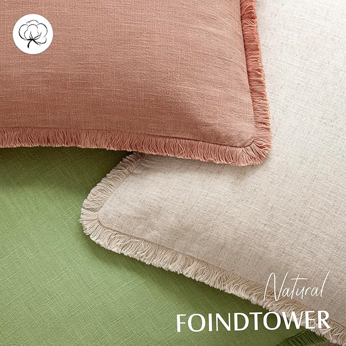 Foindtower Set of 2 Decorative Linen Fringe Throw Pillow Covers Cozy Boho Farmhouse Cushion Cover with Tassels Soft Accent Pillowcase for Couch Sofa Bed Living Room Home Decor,20×20 Inch,Coral Pink