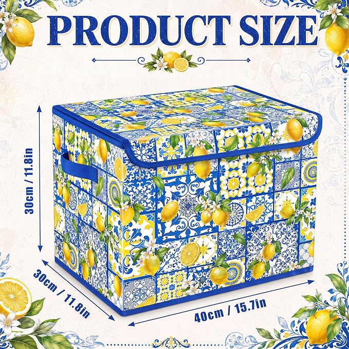 Briwooody Capri Lemon Storage Bin with Lid and Carrying Handle Italy Lemon Foldable Storage Box Large Blue Summer Fruit Decorative Collapsible Container Basket for Organizing Closet Home Bedroom Gift