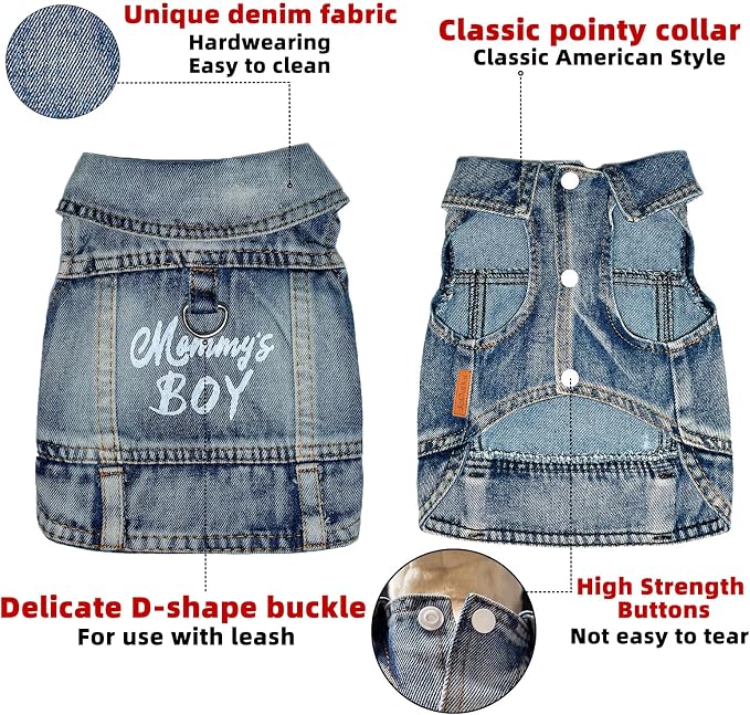 Mommy's Boy Dog Jeans Jacket,Pet Overalls Denim Coat,Puppy Clothes(M) | JcDuDoi Classic Small Dogs Male Cat Costumes Washed Vest Outfit T-Shirts Chihuahua,Yorkie,Teacup