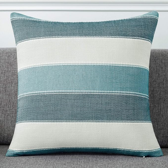 Pack of 2 Farmhouse Stripe Check Throw Pillow Covers Set Case Cotton Linen Decorative Pillowcases Cushion Cover for Couch Bench Sofa 16x16Inch Teal Blue