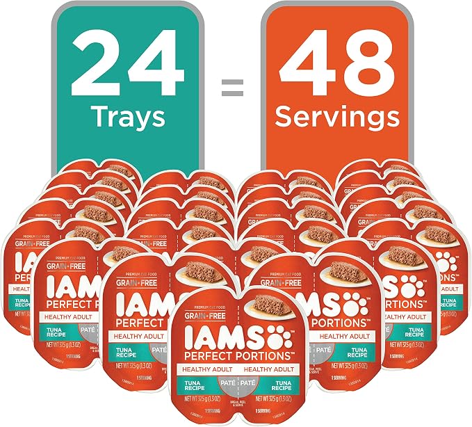 IAMS Perfect Portions Healthy Adult Pate Wet Cat Food, Tuna, 24 Count | Grain-free, prebiotics & beet pulp for digestion, Omega 3 & 6 for skin & coat, snap-peel-serve 2.6 oz. twin-pack trays