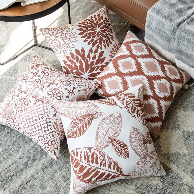 Phantoscope Set of 4 New Living Series Leaf Geometric Caramel Throw Decorative Pillow Cover Cushion Cover 18 x 18 inches 45 x 45 cm