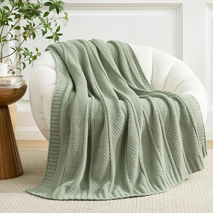 Chenille Throw Blanket for Couch, Soft Cozy Chunky Knit Blanket, Moss Stitch Throw for Sofa, Bed, Living Room, Lightweight Warm Home Decor, Sage Green 60"x80"