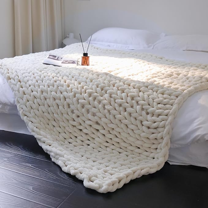 Maetoow Chenille Chunky Knit Blanket,Handmade Cozy for Home Decor,60×80,Cream