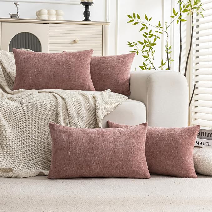 Set of 4 Soft Textured Decorative Throw Pillow Covers 12X20 Inch Cozy Farmhouse Cushion Cover Square Accent Pillow Cases for Bed Couch Sofa Living Room, Plum Pink
