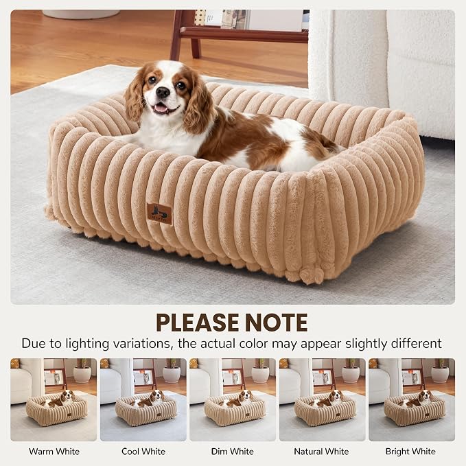 Washable Dog Bed Small Medium Size Dog, Rectangle Orthopedic Pet Bed for Car and Indoor,Fluffy Memory Foam Dog Beds with Anti-Slip Bottom,Camel (25x21x7 inches)