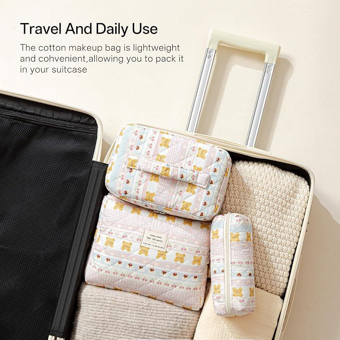 HBselect Quilted Makeup Bag, 3PCS Cotton Large Travel Makeup Bag, Cute Floral Coquette Make up Bag Cosmetic Bag Toiletry Bag for Women Girls