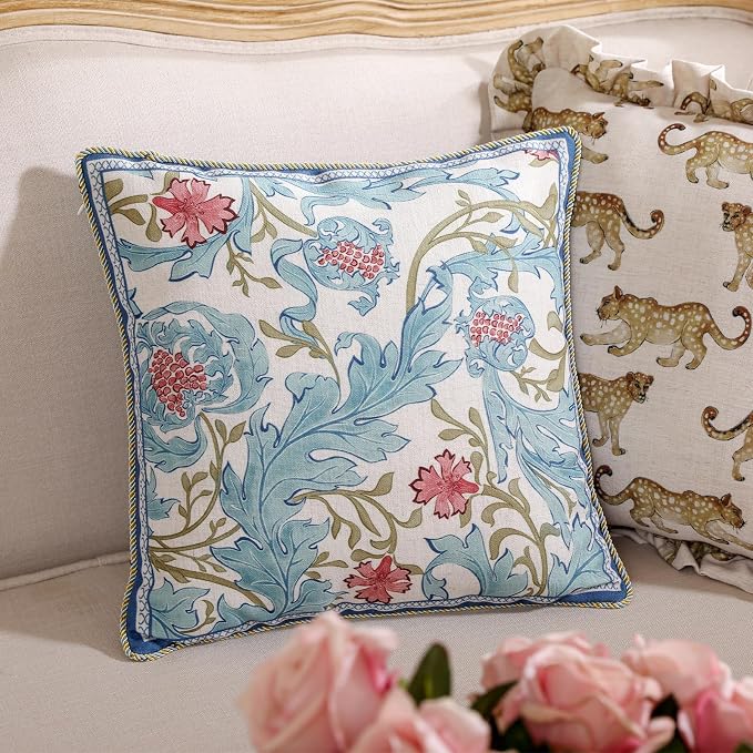 patdrea Designer Vintage Linen Throw Pillow Cover,18"x18",Set of 2-Fromm A | Luxury Decorative Pillow Case with Zipper,Blue Floral Pattern,Pillow Cover for Couch Living Room Bedroom Sofa