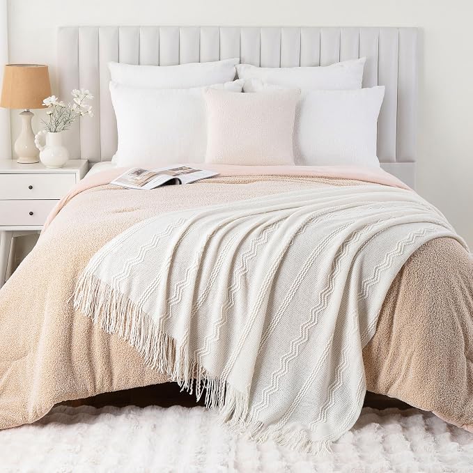 BATTILO HOME Cream Throw Blanket for Couch, Bedroom Decor Boho Throw Blanket, Decorative White Blanket Throw for Sofa Living Room, 50"x60"