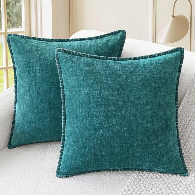 CaliTime Decorative Couch Throw Pillow Covers 22 X 22 Inches Teal | Pack of 2, Cozy Chenille Cushion Cases, Cotton Thread Stitching Edges, for Sofa Bed Living Room Farmhouse