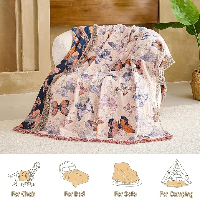 VANJOROY Boho Throw Blanket, 100% Organic Cotton Breathable Ultra Soft 60" x 80" Bed Quilt Throw - All Season Floral Rustic Farmhouse Decor Luxury Reversible Blanket for Sofa Couch Chair and Gift