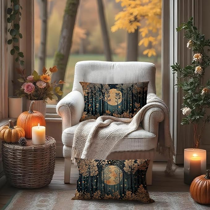 Vintage William Morris Inspired Gold Forest Moon Pillow Covers 20x12 Set of 2,Rustic Black and Gold Moon Nature Landscape Botanical Decorative Throw Pillow Covers for Home Bedroom Living Room