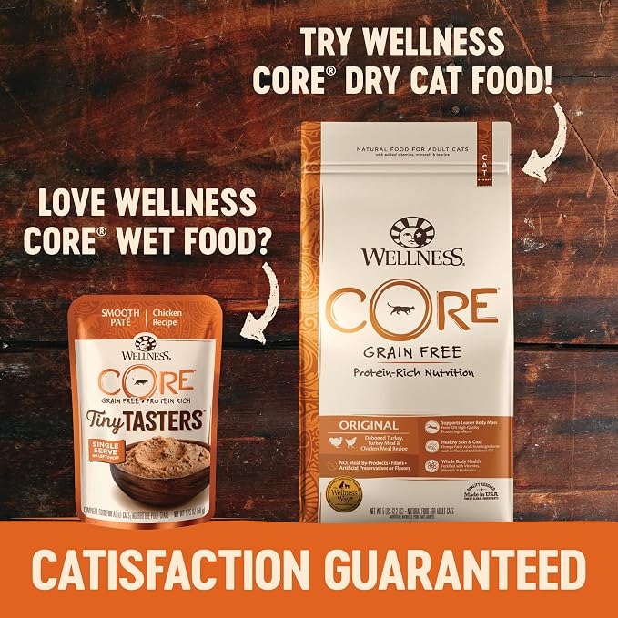 Wellness CORE Tiny Tasters Pate Adult Wet Cat Food, Natural, Protein Rich, Grain Free, Chicken and Turkey Recipe, 1.75 oz, Pack of 12 Pouches