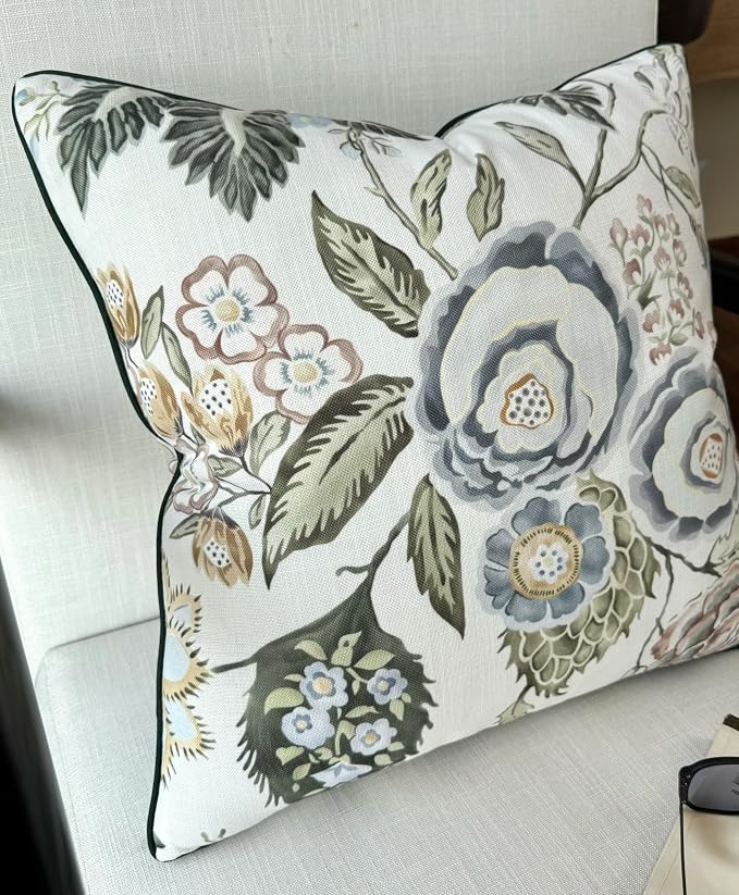 Blue Rose Floral Print 20x20 Throw Pillow Cover | Blue rose floral bouquet on off-white slub, green piping; both sides printed; hidden zip; cover only