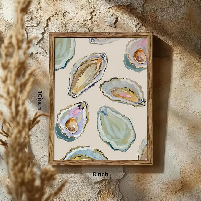 Framed Oyster Shell Canvas Wall Art, Colorful Abstract Wall Art Print, Coastal Beach House Wall Decor, Summer Dining Room Picture Poster, Modern Kitchen Oyster Oil Painting Artwork 8x10 inch