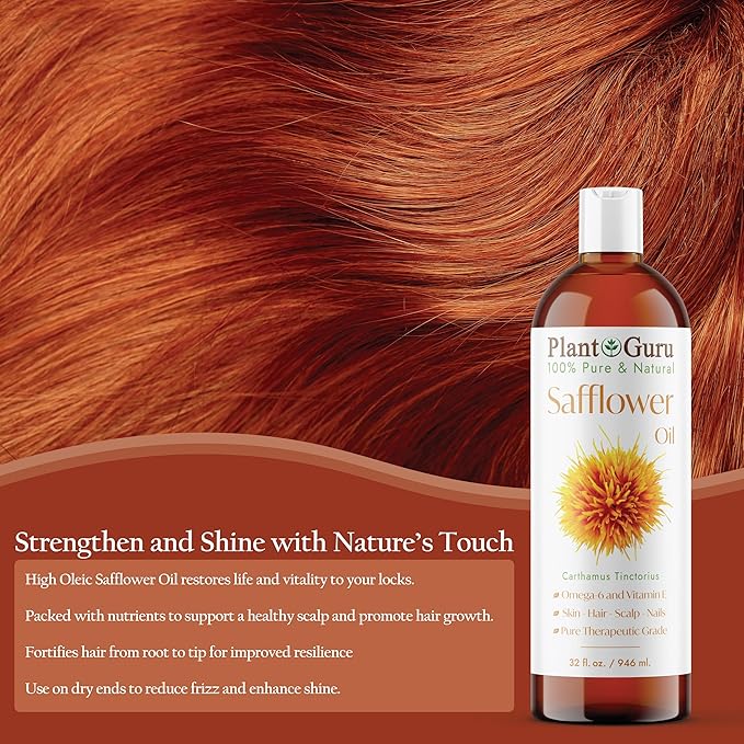Plant Guru Safflower Oil 8 fl. oz. – Cold Pressed, 100% Pure & Natural Carrier for Skin, Face, Body, Hair, and Cooking. Great for DIY Creams, Lotions, and Lip Balms.