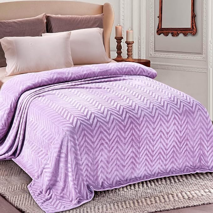 Whale Flotilla Flannel Fleece Fall Bed Blanket Queen Size, Lilac | Lightweight Breathable Soft Bedspread, Plush Fluffy Coverlet Chevron Design Decorative Blanket for Home Life, 90x90 Inch