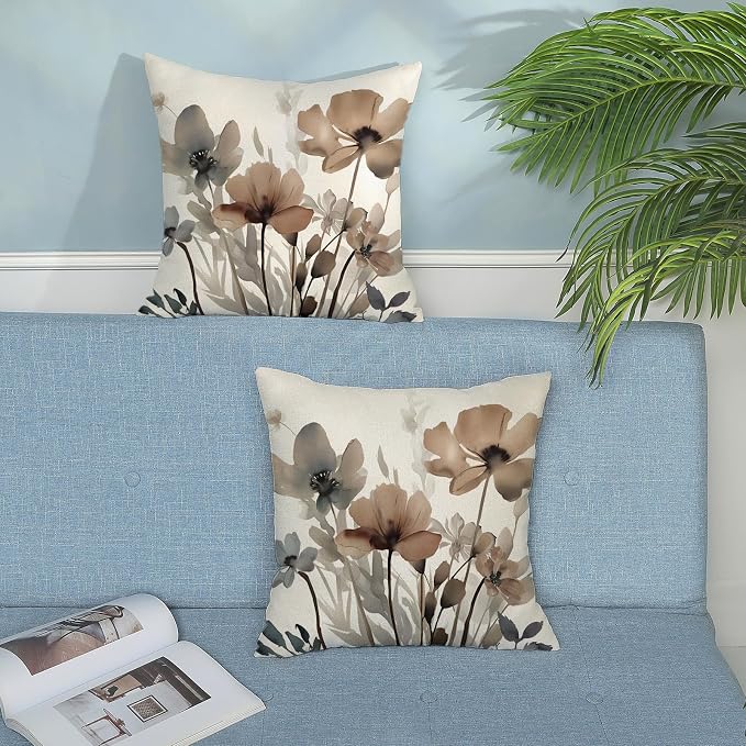 Spring Floral Pillow Covers 18x18 Inches Set of 2 Watercolor Brown Floral Throw Pillow Cover Outdoor Rustic Summer Flower Decor Pillowcase Farmhouse Decorative Linen Cushion Cover For Home Sofa