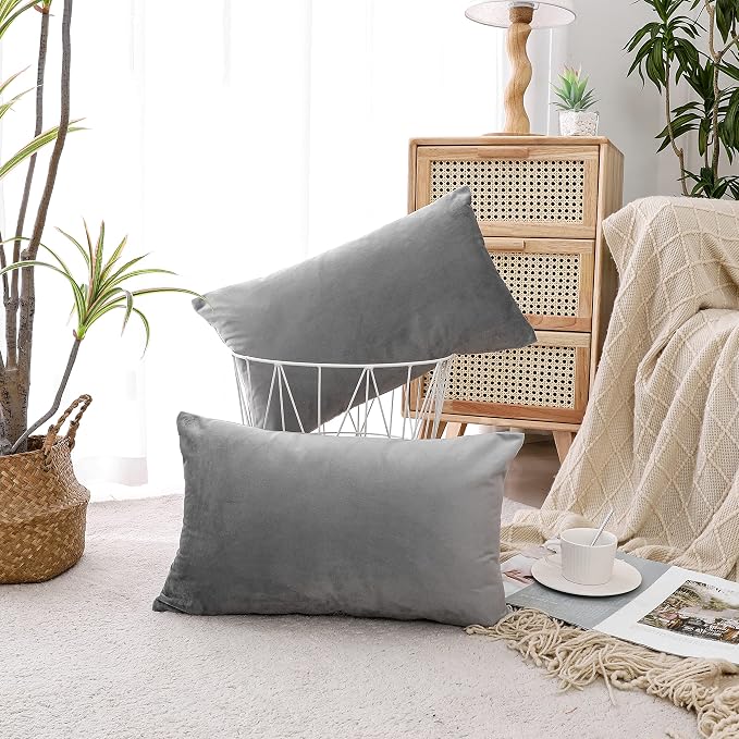 NiNi ALL Grey Velvet Throw Pillow Covers 12x20 Pack of 2 Decorative Couch | Soft Solid Boho Cushion Squar Pillow Cases for Chair Sofa Bedroom Farmhouse Living room Modern Luxury Home Decor Christmas