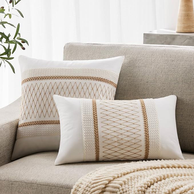 2pk Boho Pillow Covers 16x16, Natural White/Grid/Brown | 100% Organic Cotton Body, Stripe Embroidery, Farmhouse Decorative Cushion Covers for Sofa Bed Living Room Home Decor