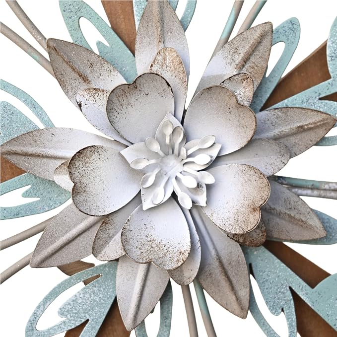 Remenna Metal Flowers Wall Decor, Rustic Floral Art, White & Blue, Farmhouse Hanging Decoration for Living Room, Bathroom, Garden