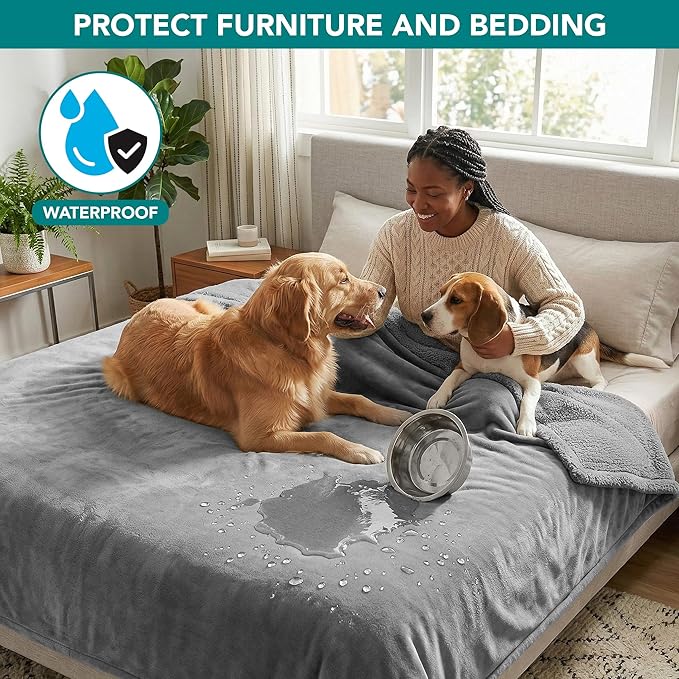 PetAmi Waterproof Dog Blanket for Large Dog Cat Pet, 60x80, Light Grey | 460 GSM Sherpa Fleece Reversible, Pee Proof, Furniture Protector Cover for Couch Sofa Bed Kennel, Washable, Extra Large