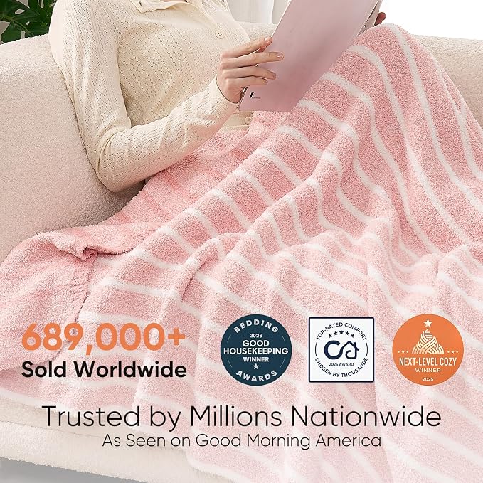 Snuggle Sac Ultra Soft Throw Blanket, Pink, 50"x60" | Reversible, Cozy Knitted Ribbed, Fuzzy Knit Striped, For Couch, Sofa, Bed, Home Decor