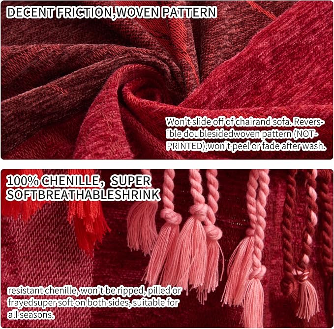 Bohemian Chenille Jacquard Tassel Throws - Reversible Red&Pink Maple Leaf Design for Boho Hippie Vibes - Oversized Blankets for Large Couch, Furniture, Sofa, Chair
