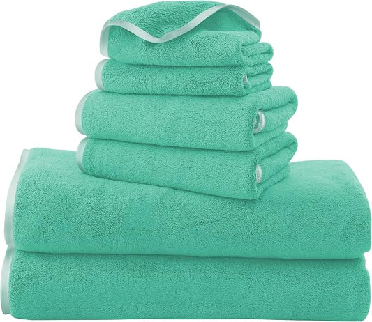TENSTARS Luxury Silk Hemming Towel Set - Light Thin Quick Drying - 2 Bath Towels 2 Hand Towels 2 Washcloths - Ultra Soft Microfiber Towel for Bath Fitness, Sports, Yoga, Travel (Aqua Green, 6 Pieces)