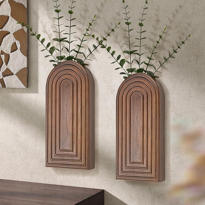 EOSAHR Rustic Wall Vase: Wall Planter for Hallway Decor for Entryway, Brown | 2Pcs, Pine Wood, Hanging Planter, Wall Art for Living Room, Farmhouse Wall Decor, Suit to Hold Pampas Grass
