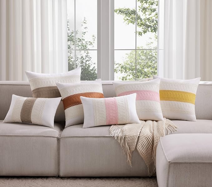2pk Boho Pillow Covers 16x16, Natural White/Contrast/Light Pink | 100% Organic Cotton Body, Stripe Embroidery, Farmhouse Decorative Cushion Covers for Sofa Bed Living Room Home Decor
