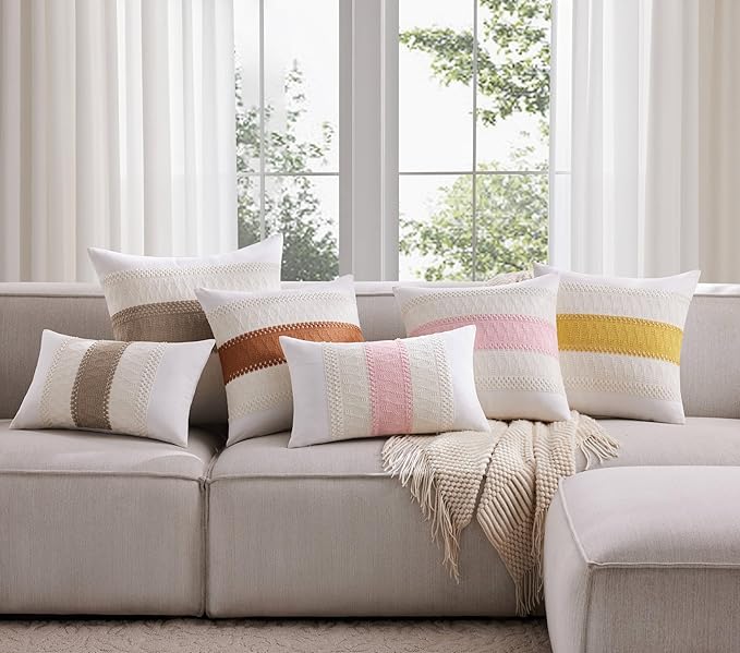 2pk Boho Pillow Covers 22x22, Natural White/Contrast/Light Pink | 100% Organic Cotton Body, Stripe Embroidery, Farmhouse Decorative Cushion Covers for Sofa Bed Living Room Home Decor
