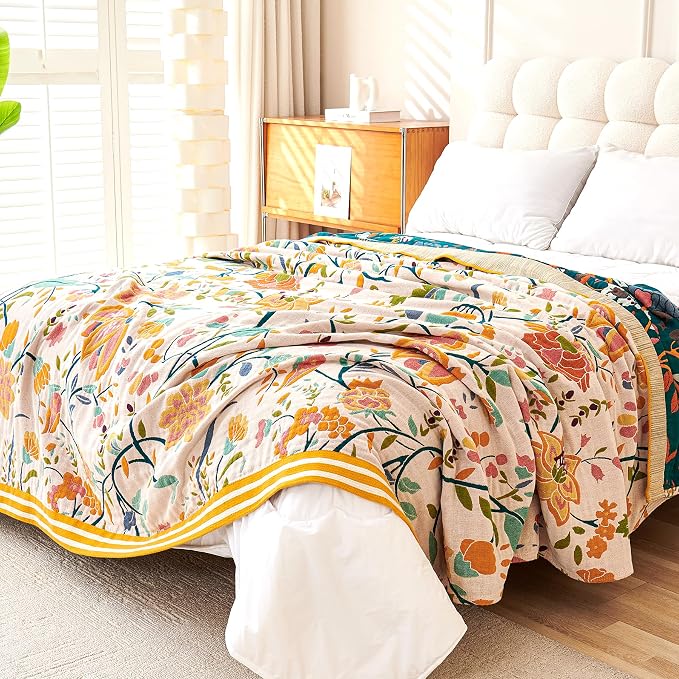 VANJOROY Boho Throw Blanket, 100% Organic Cotton Breathable Ultra Soft 80" x 90" Bed Quilt Throw - All Season Floral Rustic Farmhouse Decor Luxury Reversible Blanket for Sofa Couch Chair and Gift