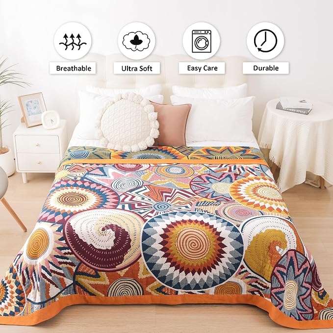 VANJOROY Boho Throw Blanket, 100% Organic Muslin Cotton Skin-friendly Breathable Ultra Soft Bed Quilt Throw - All Season Bohemian Decor Luxury Colorful Blanket for Sofa Couch Chair and Gift. 50" x 60"