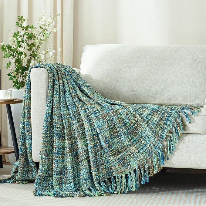 Multi-Color Cable Woven Throw Blanket for Couch - 60"X80" | Multicolored Boho Style,Super Soft Warm Cozy Chunky Blankets with Decorative Tassels for Bed and Sofa,Green