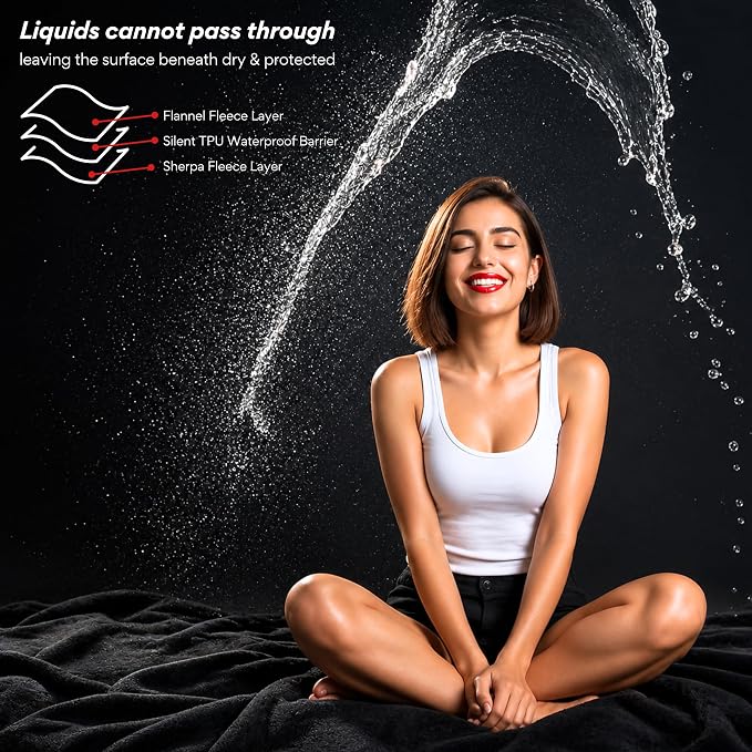 King Size Waterproof Blanket for Bed, Black & Gray Absorbent Fleece 82x82" | Plush Water Proof and Stain Resistant Layered Blankets, Leakproof Top Cover