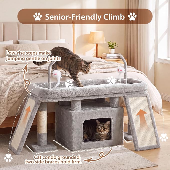 Heybly Cat Tree Extra-Long & Stable 2 Adjustable Scratch Boards HCT210SW | Easy-Climb Cat Tower with Dual-Leg Floor Condo, Sturdy Cat Furniture with Extra Wide Platform & Interactive Toys, Light Gray