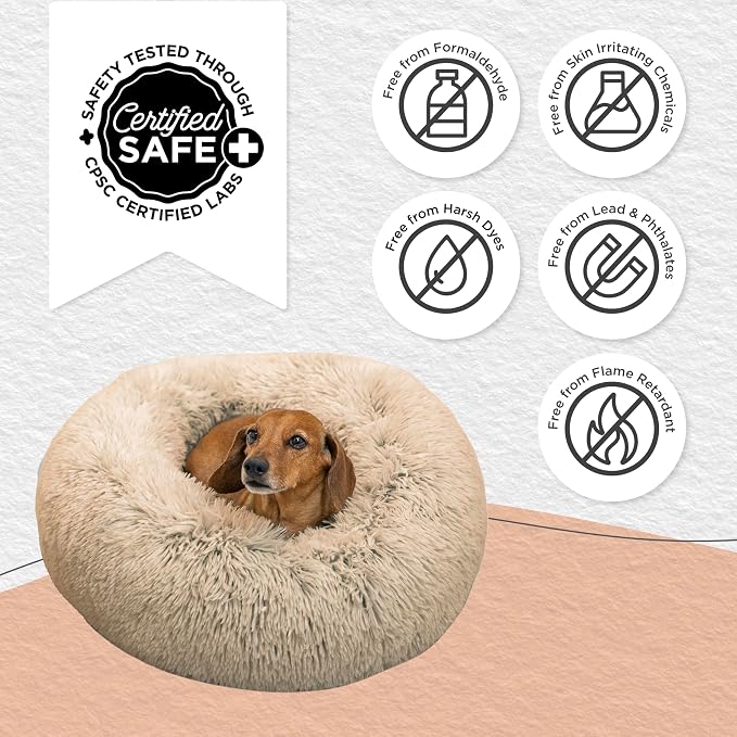 Best Friends by Sheri Original Calming Donut Dog Bed, Taupe, Small, 23" | Machine Washable, Shag Faux Fur, Orthopedic Support, Sense of Security, Water-Resistant Base, Small Dogs Up to 25 lbs