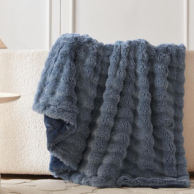 COOVA Faux Fur Throw Blanket for Couch, Cozy Soft and Fuzzy Plush Rabbit Fur Bubble Blanket for Sofa Bedroom Living Room, 60x80 Inches Cationic Dark Blue