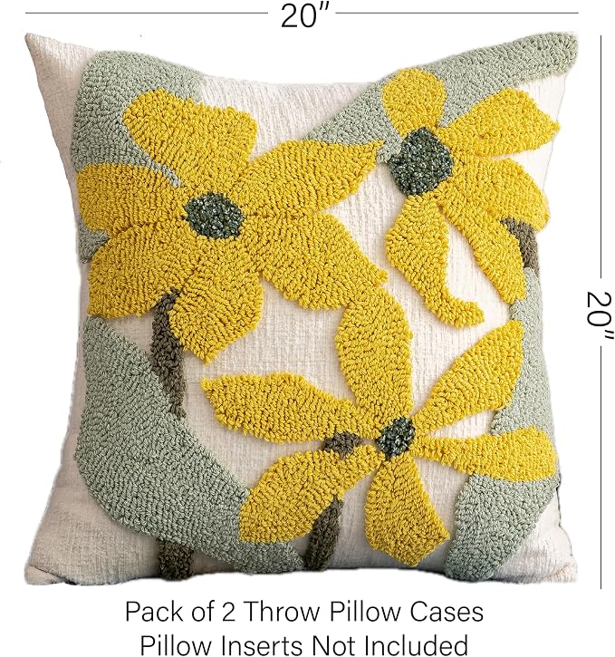 Summer Floral Throw Pillow Covers 20x20 Inch Set of 2, Chenille Embroidered Pillowcase with 3D Tufted Yellow Flowers Sage Green Leaves, Boho Decorative Cushion Covers for Couch Sofa Bed